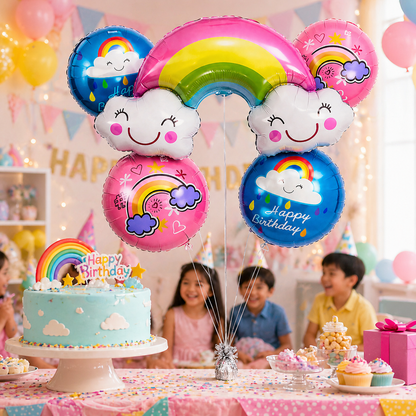Rainbow Shaped Happy Birthday Helium Balloon Set of 5 (Rainbow Supershape + 2 Happy Birthday Round + 2 Rainbow Printed Balloons) | Pre-Inflated & Delivered | Birthday Decoration