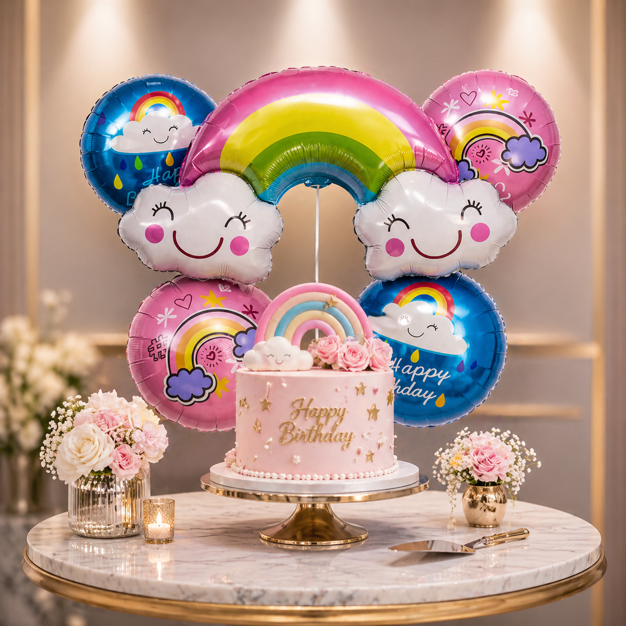 Rainbow Shaped Happy Birthday Helium Balloon Set of 5 (Rainbow Supershape + 2 Happy Birthday Round + 2 Rainbow Printed Balloons) | Pre-Inflated & Delivered | Birthday Decoration