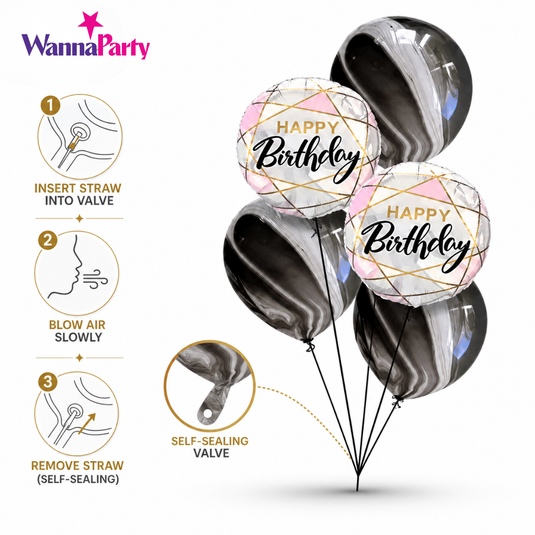 Marble Print Happy Birthday Balloon Set of 5 with Pink Foil Balloons (Helium Filled & Delivered Inflated) | Birthday Decoration Balloons
