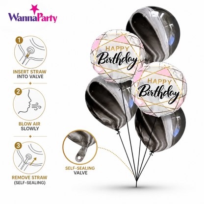Marble Print Happy Birthday Balloon Set of 5 with Pink Foil Balloons (Helium Filled & Delivered Inflated) | Birthday Decoration Balloons
