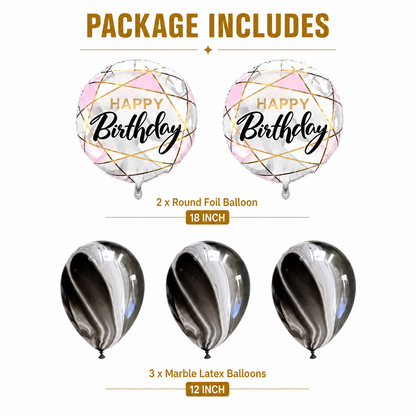 Marble Print Happy Birthday Balloon Set of 5 with Pink Foil Balloons (Helium Filled & Delivered Inflated) | Birthday Decoration Balloons