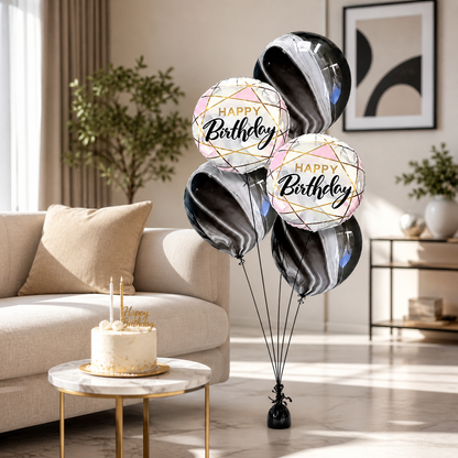 Marble Print Happy Birthday Balloon Set of 5 with Pink Foil Balloons (Helium Filled & Delivered Inflated) | Birthday Decoration Balloons