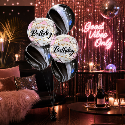 Marble Print Happy Birthday Balloon Set of 5 with Pink Foil Balloons (Helium Filled & Delivered Inflated) | Birthday Decoration Balloons