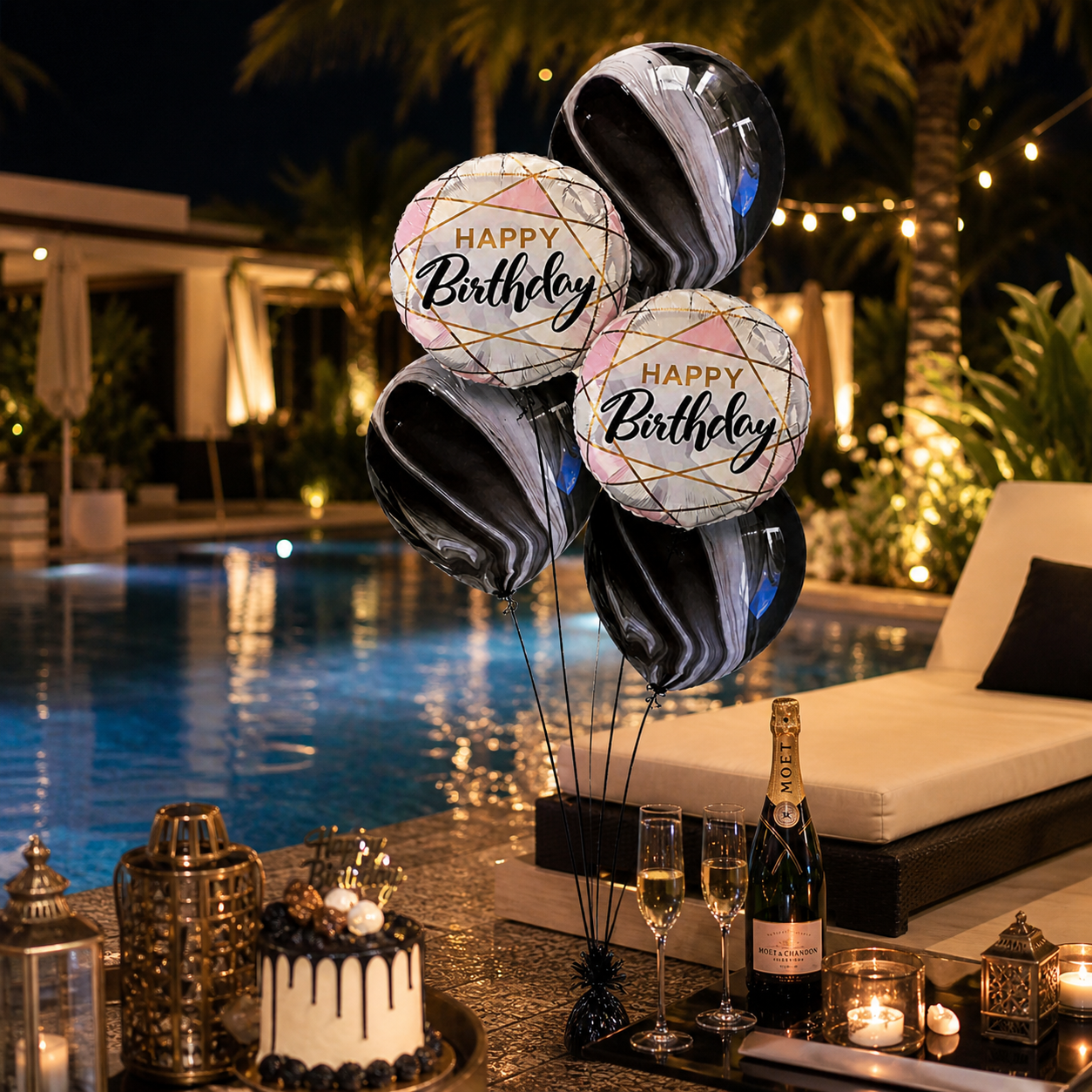 Marble Print Happy Birthday Balloon Set of 5 with Pink Foil Balloons (Helium Filled & Delivered Inflated) | Birthday Decoration Balloons