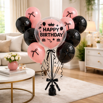 Fashionista Black Bows & Ribbons Helium Filled Balloon Bouquet Set of 22 PC | Pre-Inflated & Delivered | Birthday Decoration