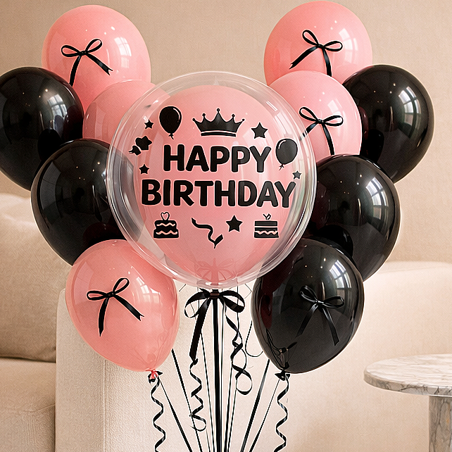 Fashionista Black Bows & Ribbons Helium Filled Balloon Bouquet Set of 22 PC | Pre-Inflated & Delivered | Birthday Decoration