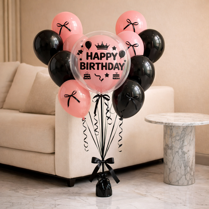 Happy Birthday Pink Balloons with Black Ribbon Combo Set - 22PC