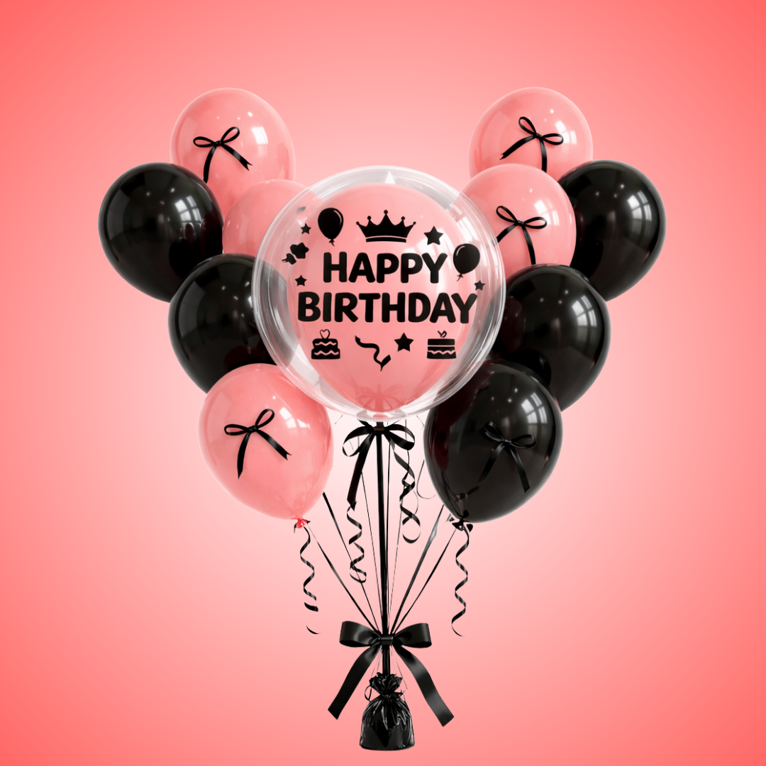Fashionista Black Bows & Ribbons Helium Filled Balloon Bouquet Set of 22 PC | Pre-Inflated & Delivered | Birthday Decoration