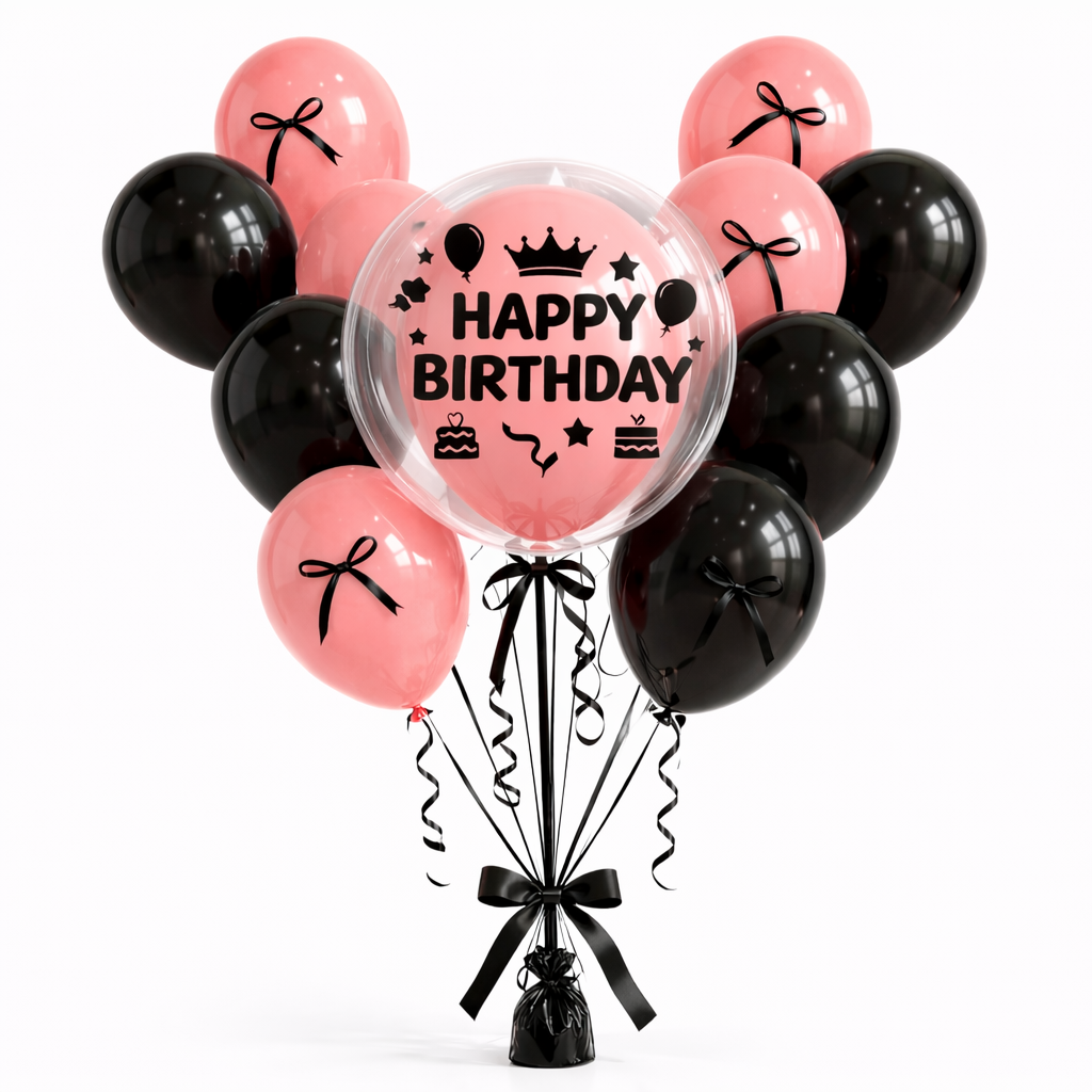 Fashionista Black Bows & Ribbons Helium Filled Balloon Bouquet Set of 22 PC | Pre-Inflated & Delivered | Birthday Decoration