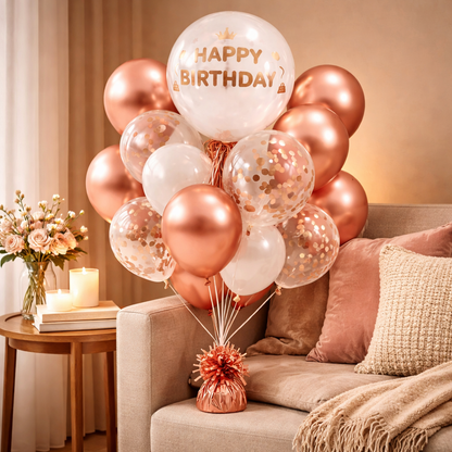 Happy Birthday Rose Gold Balloon Combo Set (22 Pcs) Helium Filled & Delivered Inflated