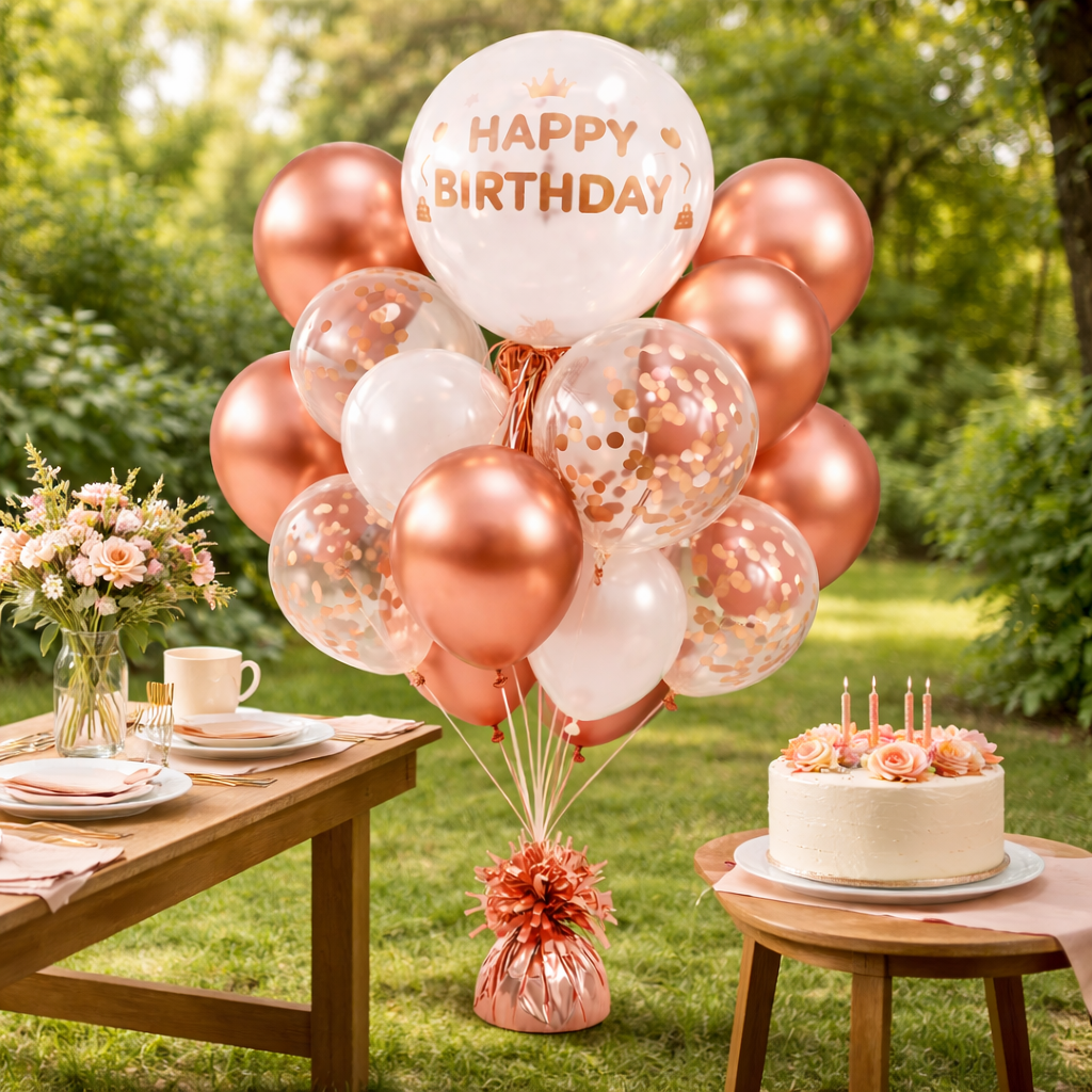Happy Birthday Rose Gold Balloon Combo Set (22 Pcs) Helium Filled & Delivered Inflated