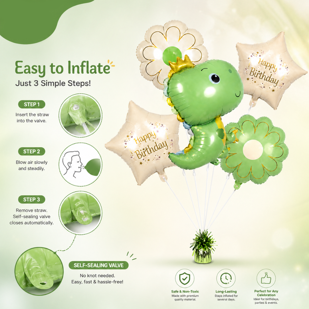 Lil Dino Theme Helium Filled Balloon Bouquet Set of 5PC