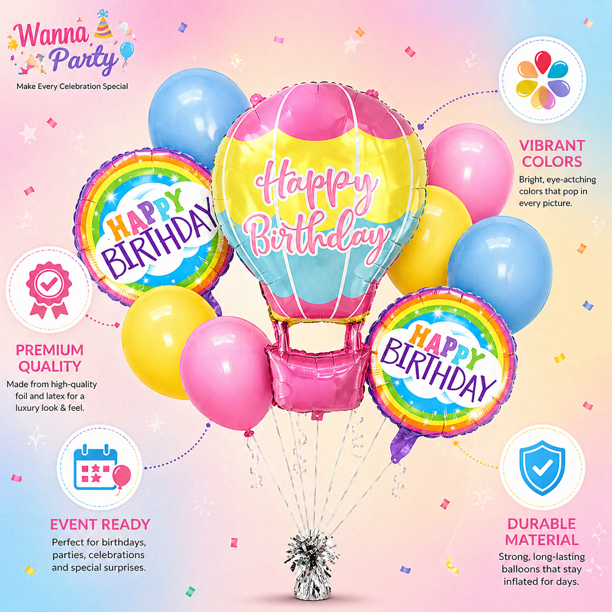 Flying High Hot Air Helium Filled Balloon Bouquet Set of 9 | Pre-Inflated & Delivered | Kids Birthday Decoration