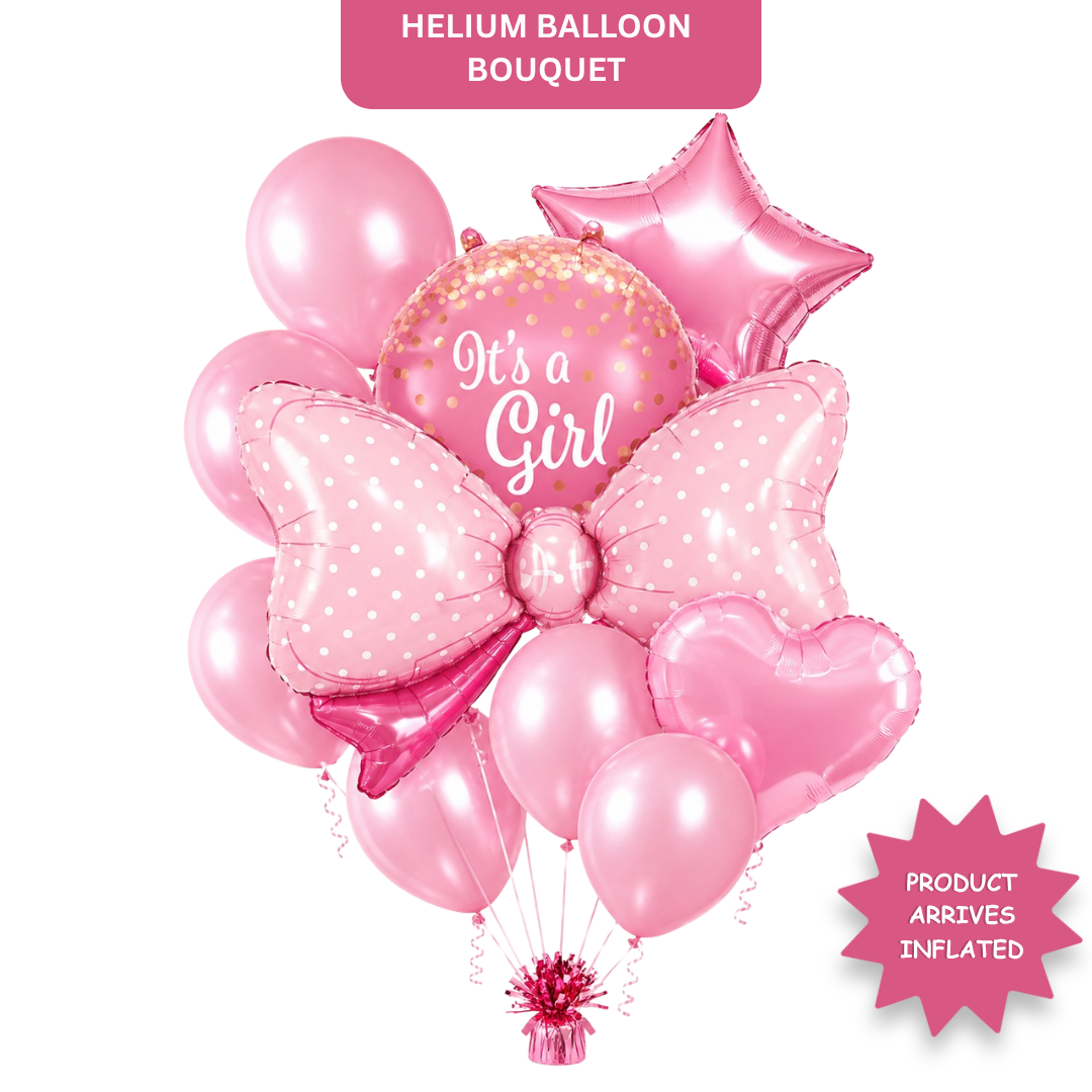 It's a Girl Baby Announcement Balloon Set of 10 | Pink Bow Shaped Balloon | Helium Filled & Delivers Inflated