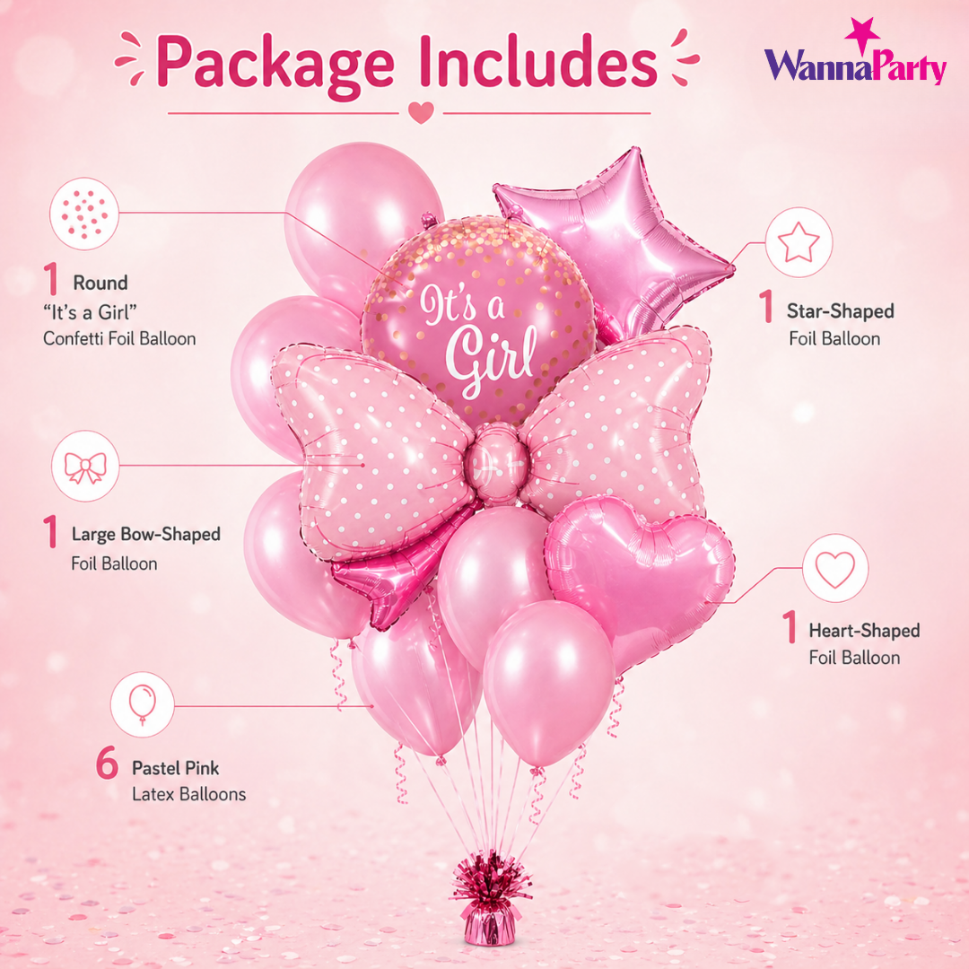 It's a Girl Baby Announcement Balloon Set of 10 | Pink Bow Shaped Balloon | Helium Filled & Delivers Inflated