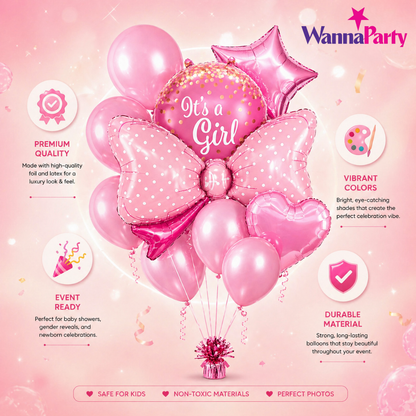 It's a Girl Baby Announcement Balloon Set of 10 | Pink Bow Shaped Balloon | Helium Filled & Delivers Inflated