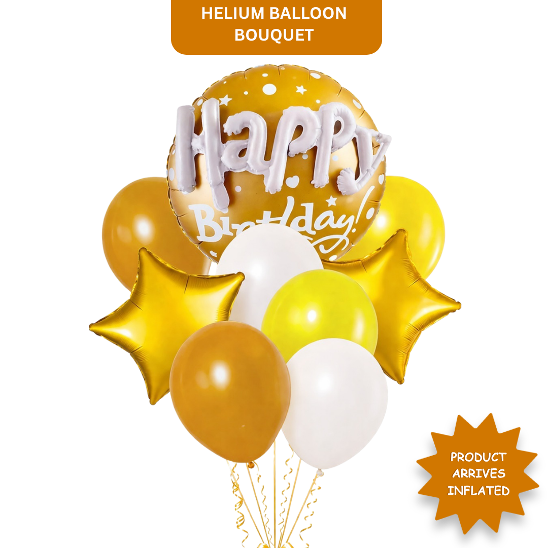 Happy Birthday Matte Gold 3D Balloon Bouquet Set (9 Pcs) Helium Filled & Delivered Inflated