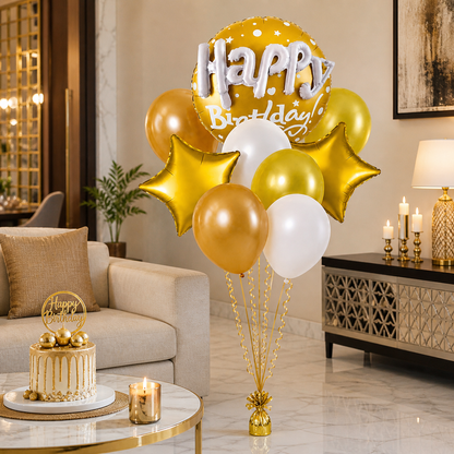 Happy Birthday Matte Gold 3D Balloon Set Pack of 9 | Premium Foil & Latex Balloons | Helium Supported Birthday Decoration Kit