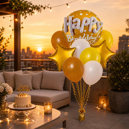 Happy Birthday Matte Gold 3D Balloon Bouquet Set (9 Pcs) Helium Filled & Delivered Inflated