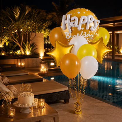 Happy Birthday Matte Gold 3D Balloon Bouquet Set (9 Pcs) Helium Filled & Delivered Inflated