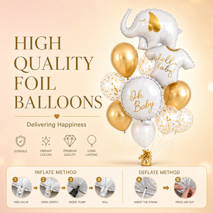 Hello Baby White Elephant Balloon Set Pack of 12 | Baby Shower Decoration Balloons | Neutral Gold & White Theme for Newborn Celebration