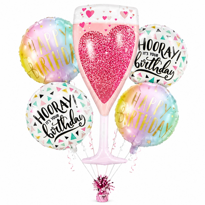 Pink Champagne Glass Helium Balloon Set of 5 (Champagne Supershape + Birthday Balloons) | Pre-Inflated & Delivered | Birthday Decoration