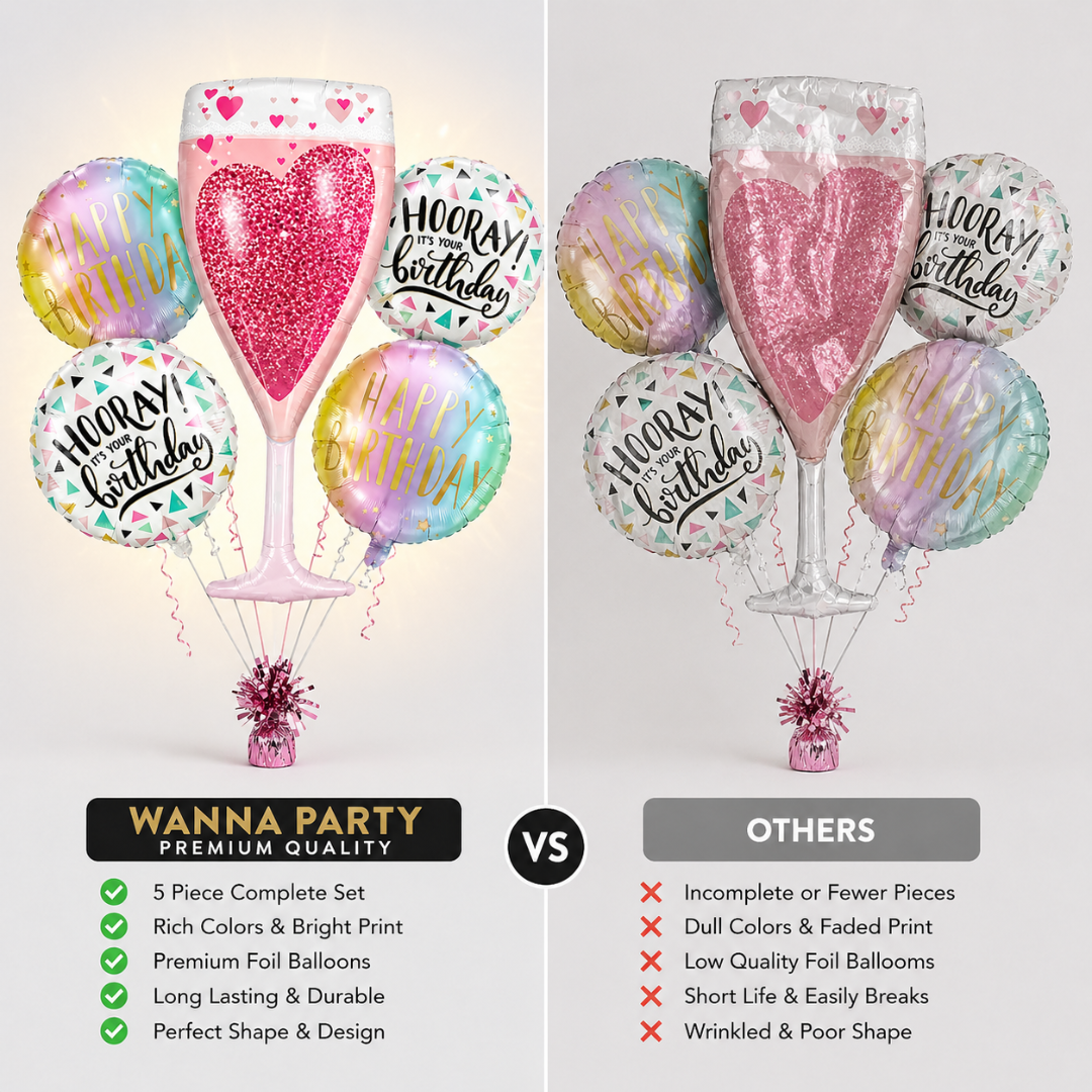 Pink Champagne Glass Helium Balloon Set of 5 (Champagne Supershape + Birthday Balloons) | Pre-Inflated & Delivered | Birthday Decoration