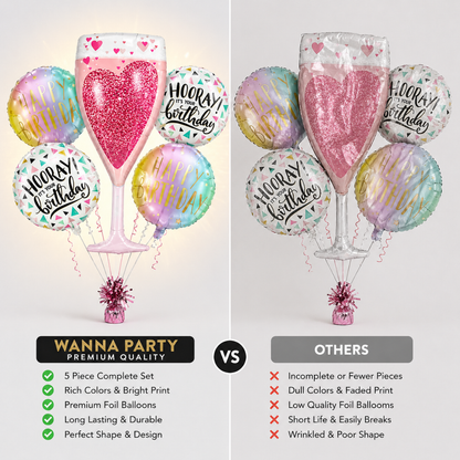 Pink Champagne Glass Helium Balloon Set of 5 (Champagne Supershape + Birthday Balloons) | Pre-Inflated & Delivered | Birthday Decoration