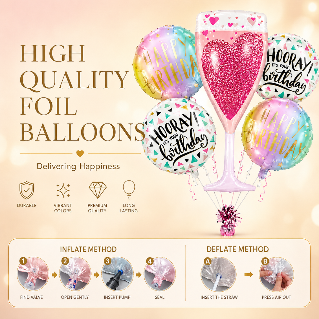 Pink Champagne Glass Helium Balloon Set of 5 (Champagne Supershape + Birthday Balloons) | Pre-Inflated & Delivered | Birthday Decoration