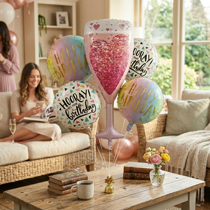 Pink Champagne Glass Helium Balloon Set of 5 (Champagne Supershape + Birthday Balloons) | Pre-Inflated & Delivered | Birthday Decoration