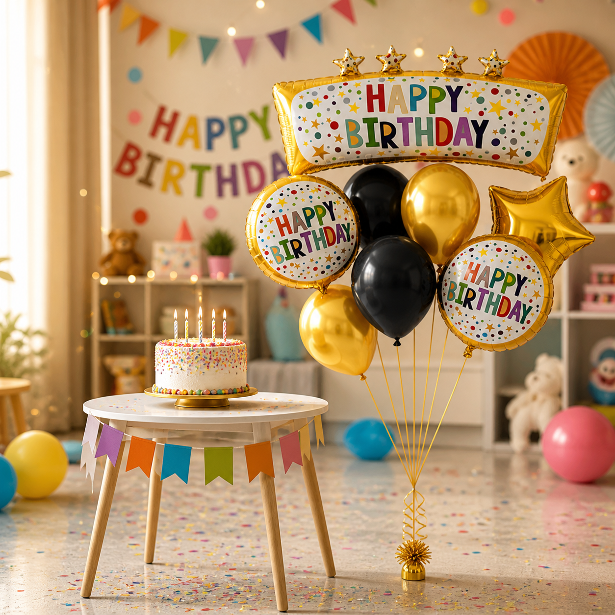 Happy Birthday Golden & Black Balloon Bouquet Set (8 Pcs) Helium Filled & Delivered Inflated