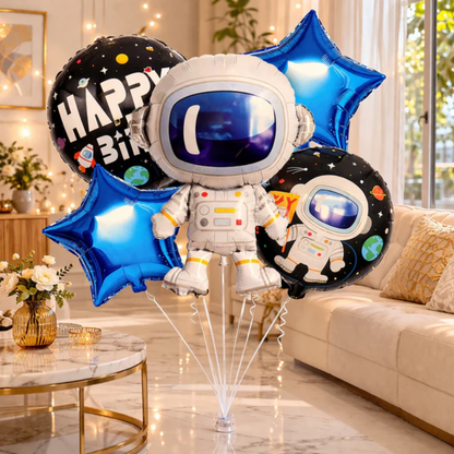 Space Theme Helium Filled Balloon Bouquet Set of 5PC with Astronaut & Stars
