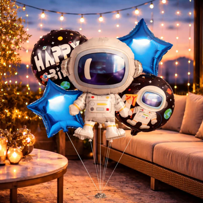 Space Theme Helium Filled Balloon Bouquet Set of 5PC with Astronaut & Stars