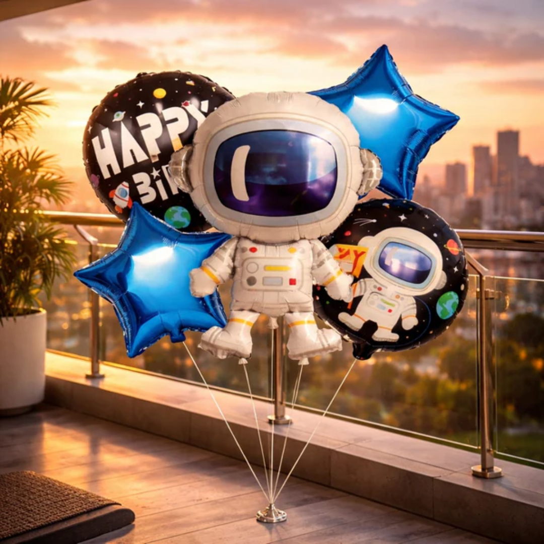 Space Theme Helium Filled Balloon Bouquet Set of 5PC with Astronaut & Stars