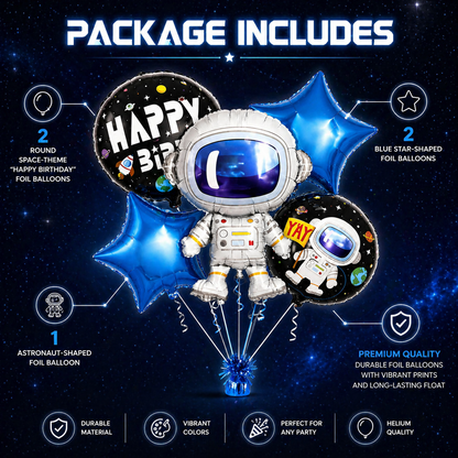 Space Theme Helium Filled Balloon Bouquet Set of 5PC with Astronaut & Stars