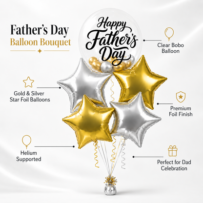 Happy Father's Day Transparent Foil Balloon Set with Golden and Silver Star Shaped Balloons - 5PC | Helium Filled & Delivers Inflated