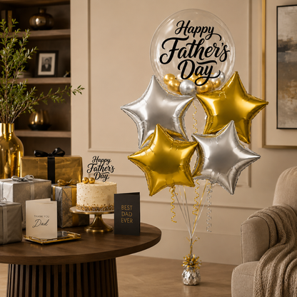 Happy Father's Day Transparent Foil Balloon Set with Golden and Silver Star Shaped Balloons - 5PC | Helium Filled & Delivers Inflated