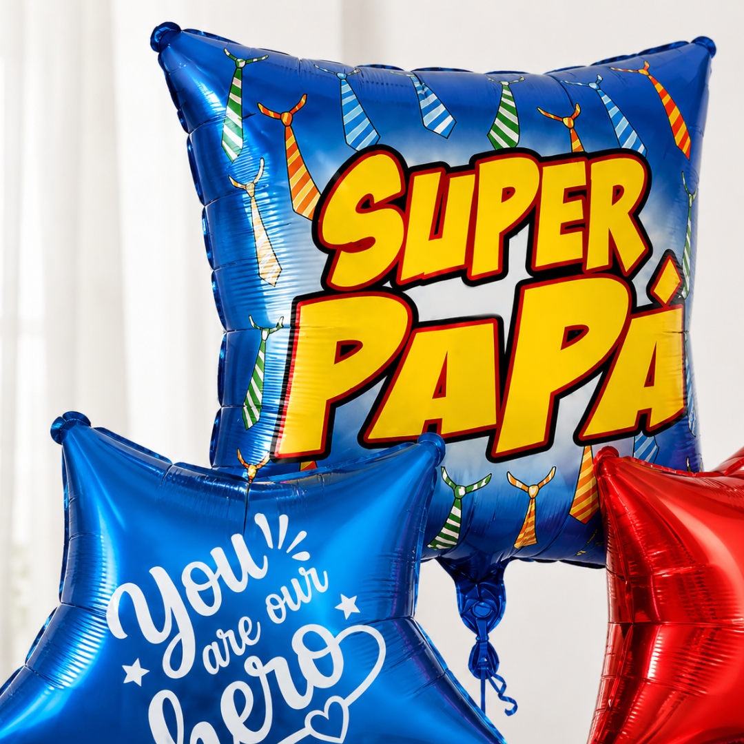 Super Papa Red & Blue Star Shaped Father's Day Foil Balloon Bouquet Set - 5PC | Helium Filled & Delivers Inflated