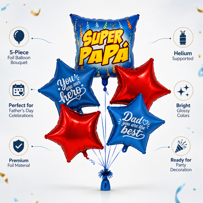 Super Papa Red & Blue Star Shaped Father's Day Foil Balloon Bouquet Set - 5PC | Helium Filled & Delivers Inflated