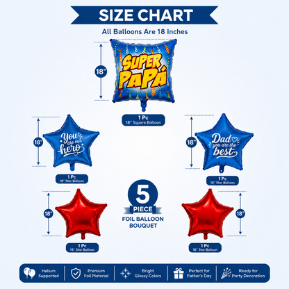 Super Papa Red & Blue Star Shaped Father's Day Foil Balloon Bouquet Set - 5PC | Helium Filled & Delivers Inflated