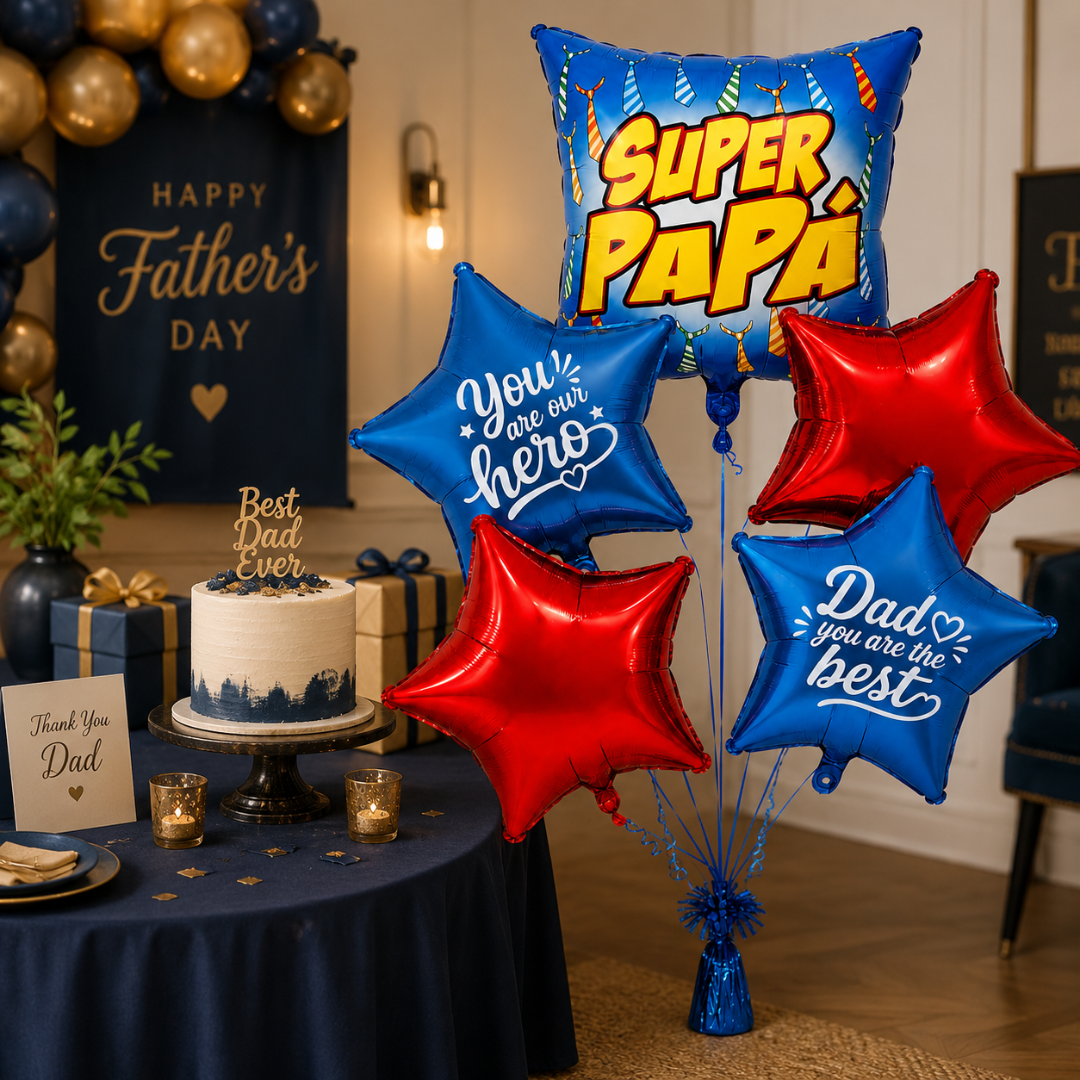 Super Papa Red & Blue Star Shaped Father's Day Foil Balloon Bouquet Set - 5PC | Helium Filled & Delivers Inflated