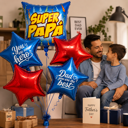 Super Papa Red & Blue Star Shaped Father's Day Foil Balloon Bouquet Set - 5PC | Helium Filled & Delivers Inflated