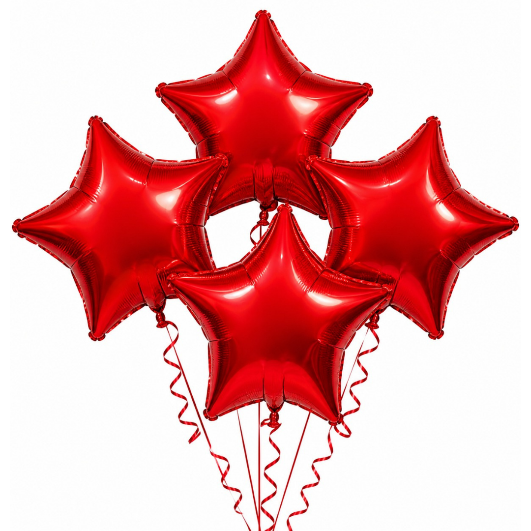 Red Star Shape Foil Balloons (18 Inch, Pack of 4) Helium Filled & Delivered Inflated