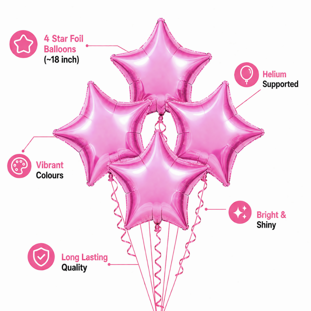 Pink Star Shape Foil Balloons (18 Inch, Pack of 4) Helium Filled & Delivered Inflated