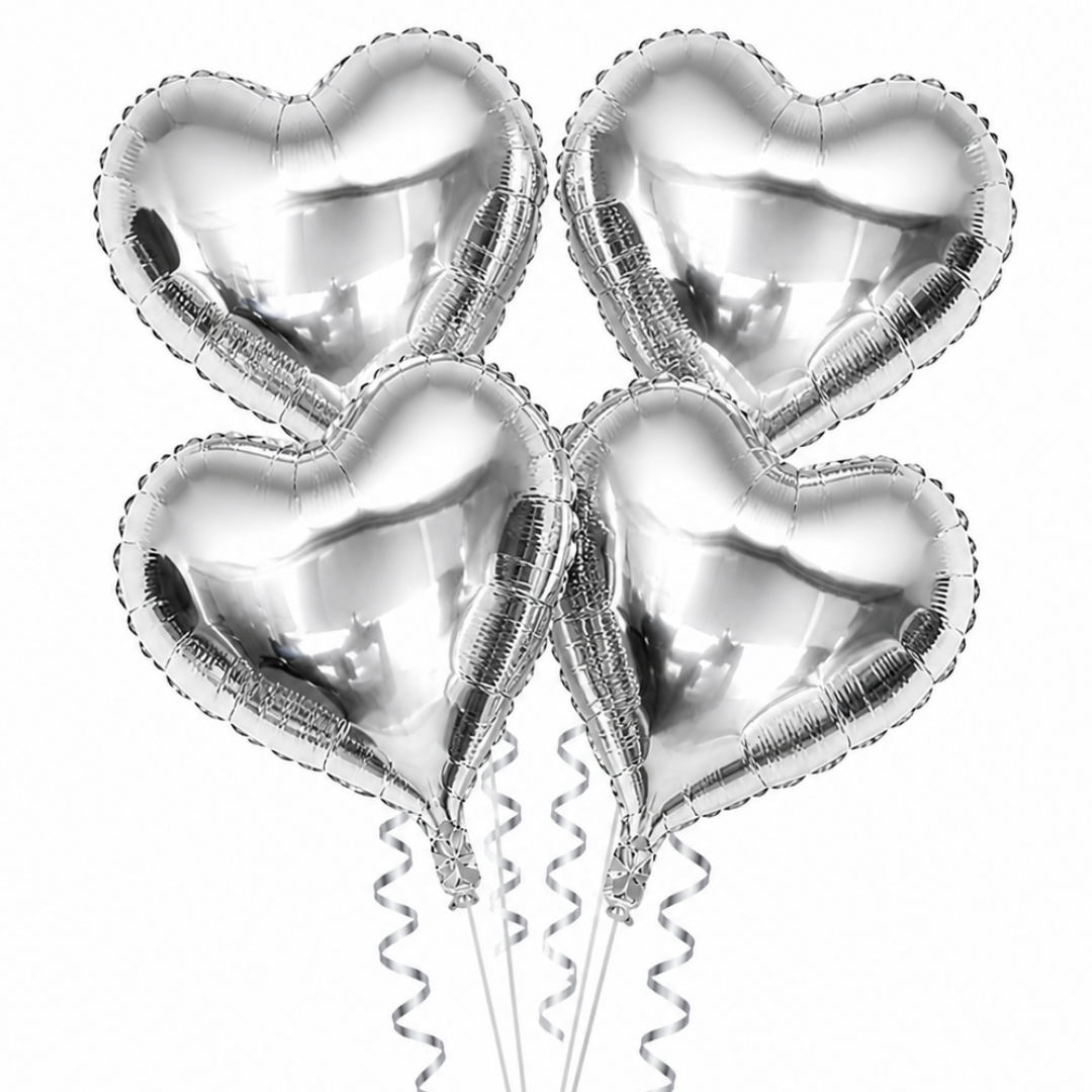 Silver Heart Shape Foil Balloons (18 Inch, Pack of 4) Helium Filled & Delivered Inflated