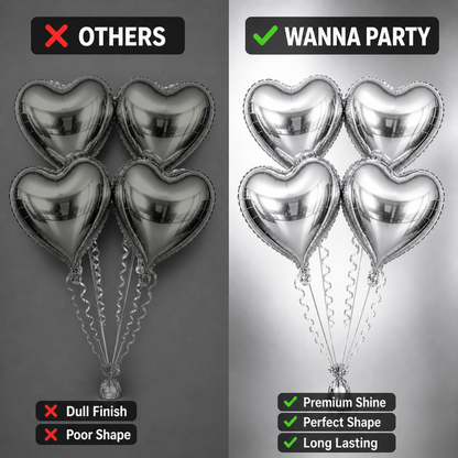 Silver Heart Shape Foil Balloons (18 Inch, Pack of 4) Helium Filled & Delivered Inflated