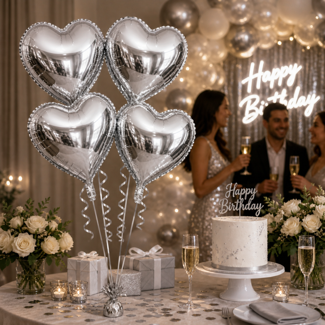 Silver Heart Shape Foil Balloons (18 Inch, Pack of 4) Helium Filled & Delivered Inflated