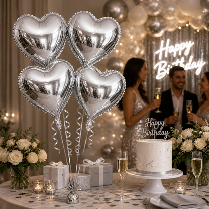 Silver Heart Shape Foil Balloons (18 Inch, Pack of 4) Helium Filled & Delivered Inflated