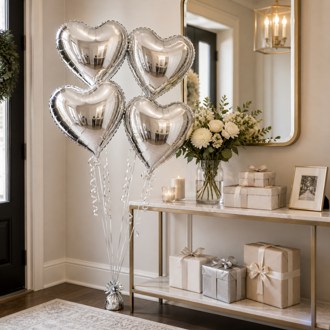 Silver Heart Shape Foil Balloons (18 Inch, Pack of 4) Helium Filled & Delivered Inflated