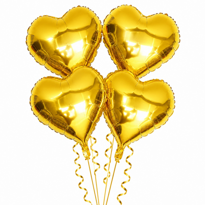 Golden Heart Shape Foil Balloons (18 Inch, Pack of 4) Helium Filled & Delivered Inflated
